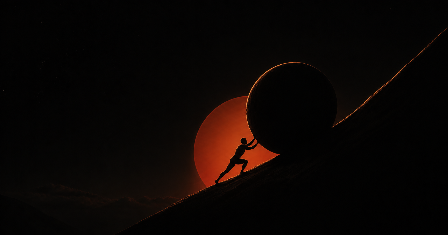 A lone climber pushing a boulder uphill in silhouette against an ember sunrise.
