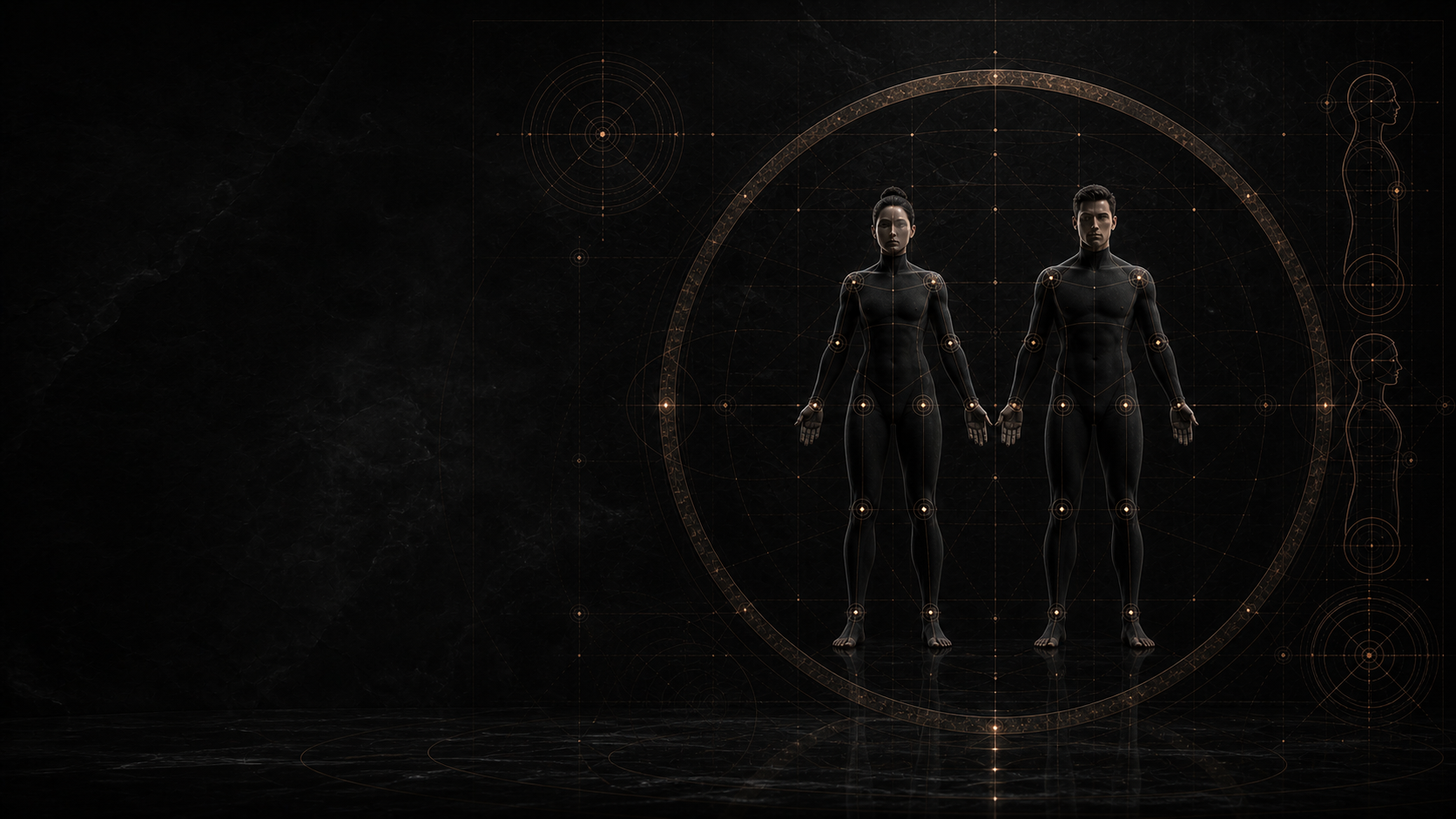 A woman and man together in a bronze geometric performance calibration study.